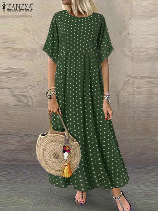 AS | ZANZEA Polka Dot dámy Midi šaty české dovolené krátký rukáv O-Neck dlouhý župan Vintage volné ležérní A-line Vestidos léto
