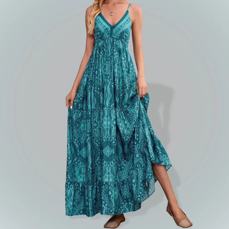 AS | BAMBOOBOY ženy V-Neck strana dlouhé šaty Vintage tištěné bohémské pláže elegantní bez rukávů špagety popruh sexy Maxi Sundress
