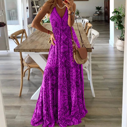 AS | BAMBOOBOY ženy V-Neck strana dlouhé šaty Vintage tištěné bohémské pláže elegantní bez rukávů špagety popruh sexy Maxi Sundress