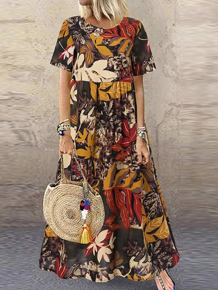 AS | ZANZEA 2023 Vintage tištěné šaty Dámské letní šaty na slunce ležérní krátký rukáv Maxi Vestidos Ženský O krku Květinový župan Femme