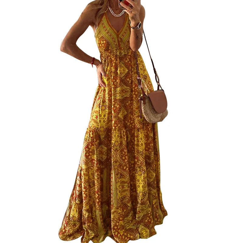AS | BAMBOOBOY ženy V-Neck strana dlouhé šaty Vintage tištěné bohémské pláže elegantní bez rukávů špagety popruh sexy Maxi Sundress