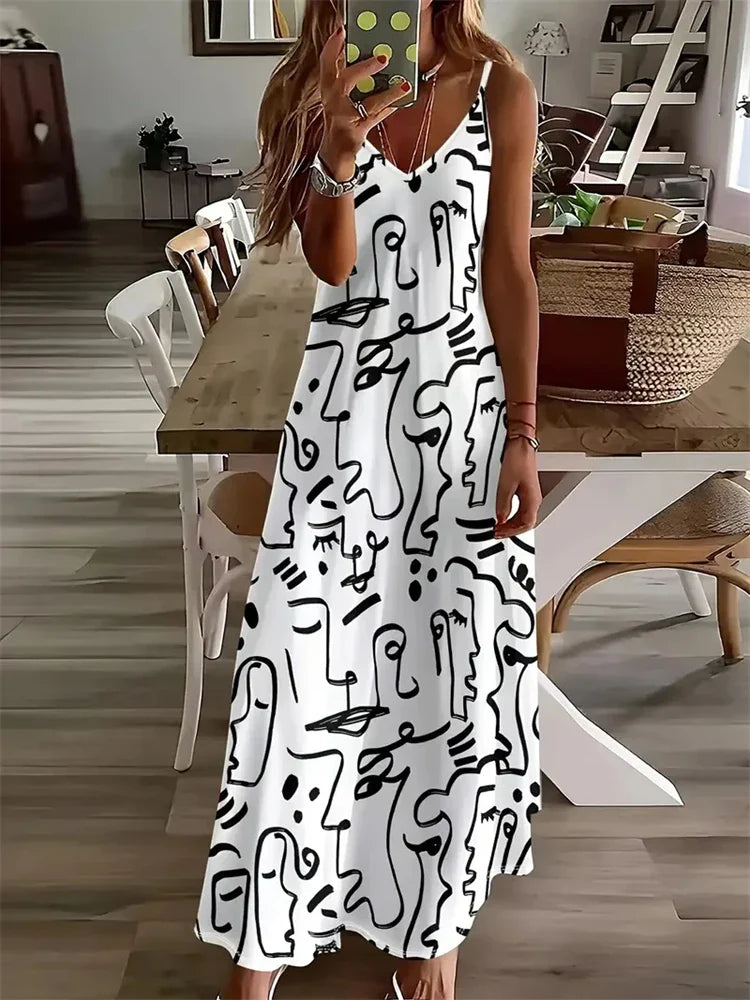 AS | Dámské nové havajské plážové šaty Letní módní sexy šaty bez rukávů dlouhé ohlávka 3D Vintage Butterfly Print Street Photo šaty