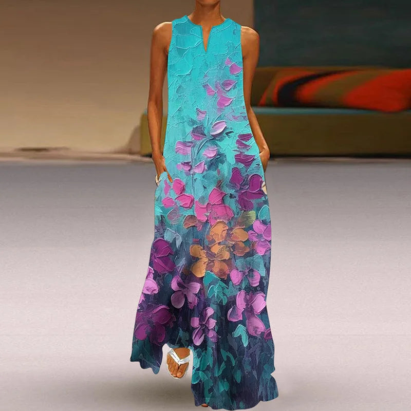AS | 2025 Letní nové Vintage květiny tištěné dlouhé šaty ženy módní V-Neck volné bez rukávů šaty příležitostné dojíždění Vestidos žena
