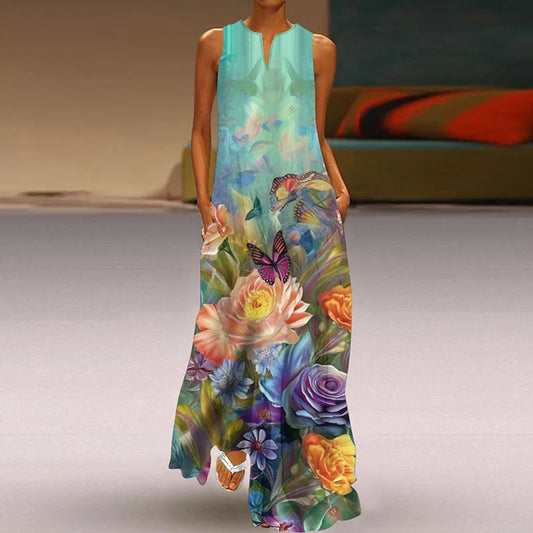 AS | 2025 Letní nové Vintage květiny tištěné dlouhé šaty ženy módní V-Neck volné bez rukávů šaty příležitostné dojíždění Vestidos žena