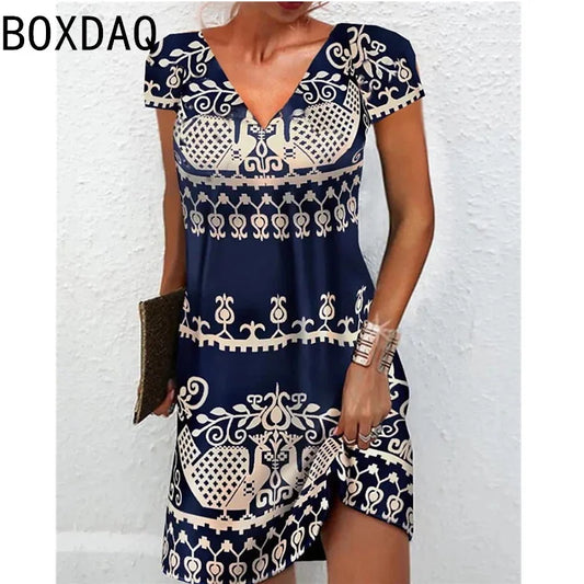 AS | 3D Vintage elegantní etnický styl tištěné šaty nadměrné krátký rukáv V-Neck příležitostné A-line koleno délka šaty Vestidos