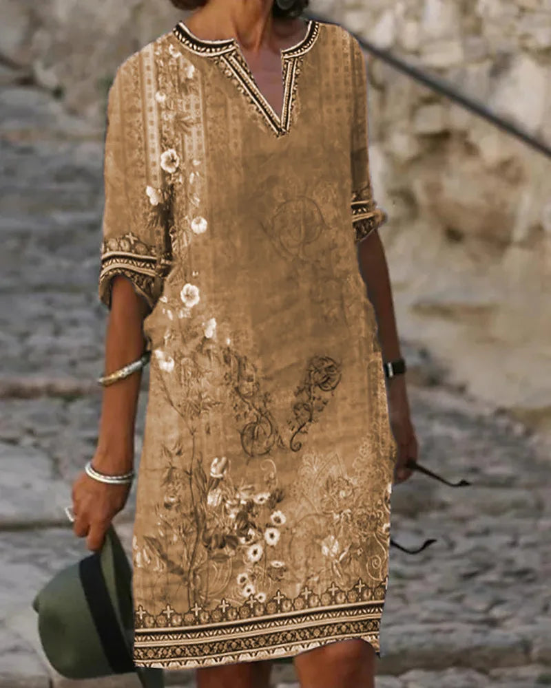 AS | Elegantní ženy volné šaty Květ 2023 jaro/léto Etnický styl Buddy tisk Retro příležitostné V-Neck šaty Lady župan S-5XL