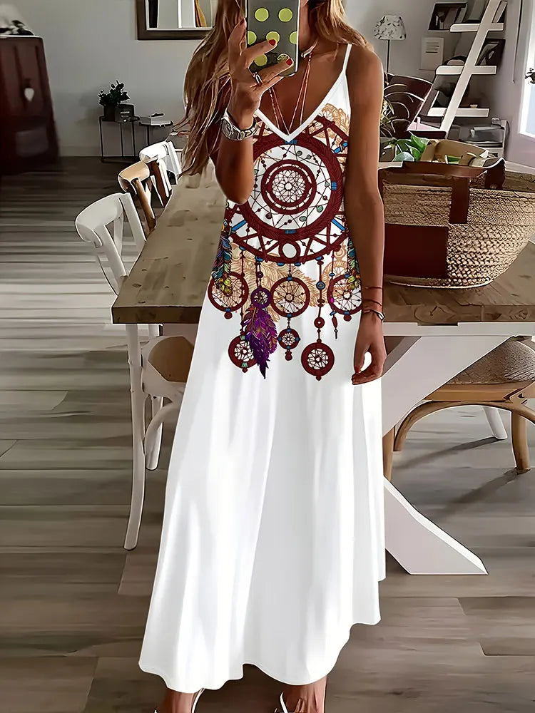 AS | 2024 Nové Vintage etnický tisk Dámy elegantní šaty Letní dámy ležérní šaty bez rukávů Dámská móda Dlouhé šaty ulice