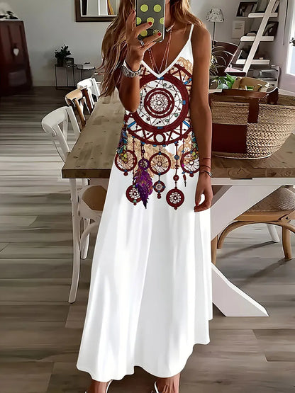 AS | 2024 Nové Vintage etnický tisk Dámy elegantní šaty Letní dámy ležérní šaty bez rukávů Dámská móda Dlouhé šaty ulice