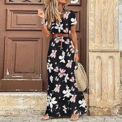 AS | Letní trend V-Neck ženy Retro Vintage tisk Slim s pásem Sexy ležérní elegantní dovolená šaty vysoké štěrbiny nepravidelné Midi šaty