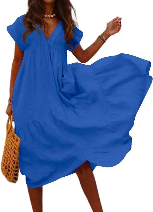 AS | Příležitostné Boho volné dámské šaty bohémské letní V-Neck krátký rukáv volán šaty ženské nadměrné velikosti strany Beach A-Line šaty Vestidos