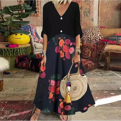 AS | 2025 Jarní nadměrné velikosti dámské dlouhé šaty tisk V-Neck krátký rukáv tlačítko volné A-linie šaty ženské ležérní elegantní dámské oblečení