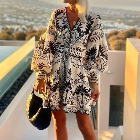 AS | Letní elegantní dámy dlouhý výstřih V-Neck Sandbeach Loose květinový tisk A-Line Mid pasu krátké šaty příležitostné ženy Boho šaty