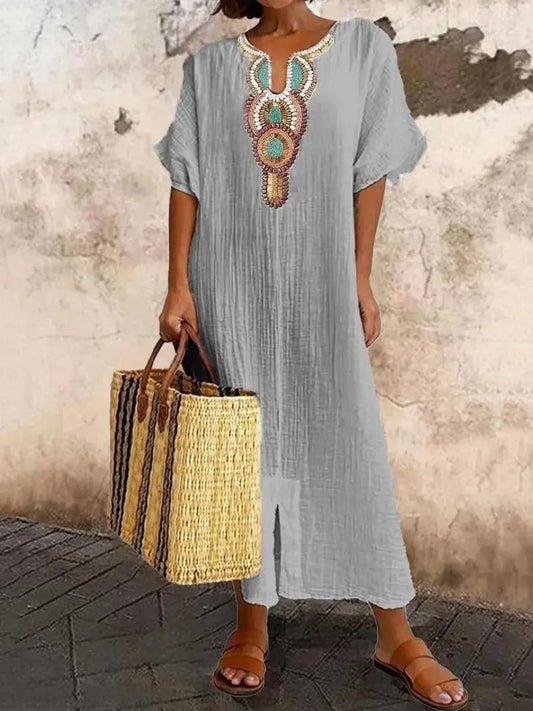 AS | New2025 Ženy Boho Vintage vyšívané bavlněné prádlo dlouhé šaty Dámy V-Neck Split Maxi Party šaty krátký rukáv volné šaty