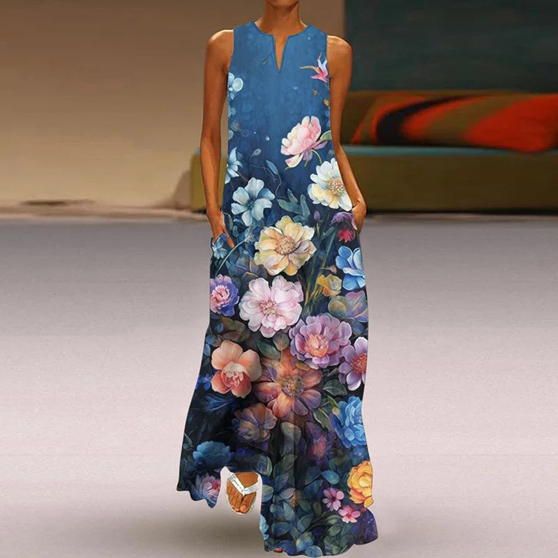 AS | 2025 Letní nové Vintage květiny tištěné dlouhé šaty ženy módní V-Neck volné bez rukávů šaty příležitostné dojíždění Vestidos žena