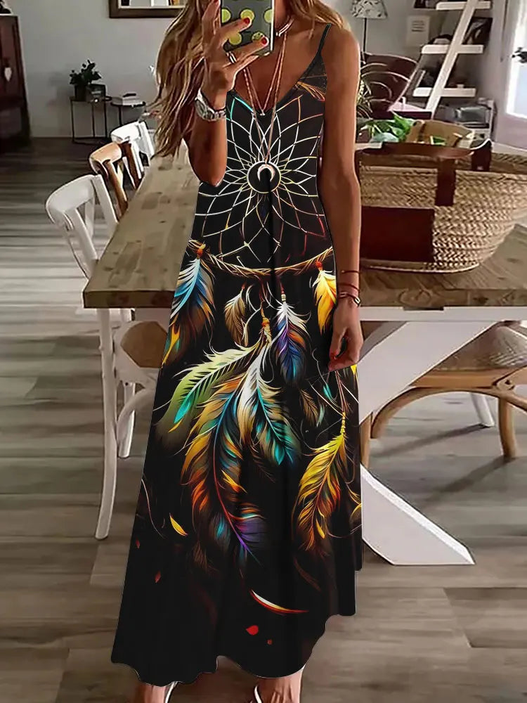 AS | 2024 Nové 3D sovy Vintage Print Sleeveless Vest Long Women Tribal Pattern Spaghetti Strap Dress Summer Long Loose Vest Dresses