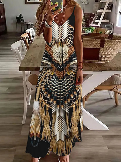 AS | 2024 Nové 3D sovy Vintage Print Sleeveless Vest Long Women Tribal Pattern Spaghetti Strap Dress Summer Long Loose Vest Dresses