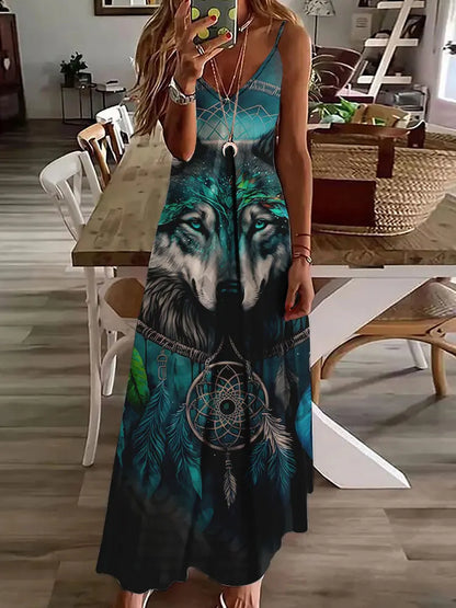 AS | 2024 Nové 3D sovy Vintage Print Sleeveless Vest Long Women Tribal Pattern Spaghetti Strap Dress Summer Long Loose Vest Dresses