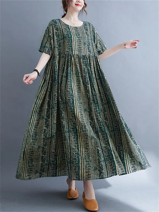 AS | Oversize Vintage bavlněné plátno pruhované zelené letní šaty pro ženy nové dámy volné příležitostné módní Femme šaty Vestidos 2023