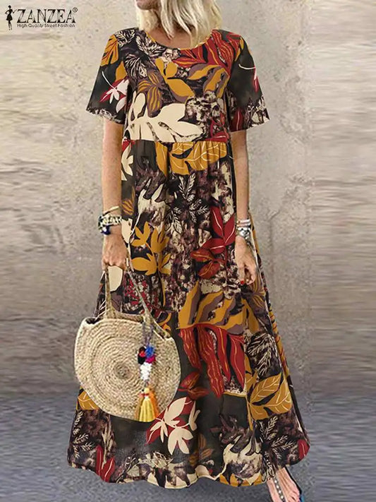 AS | ZANZEA 2023 Vintage tištěné šaty Dámské letní šaty na slunce ležérní krátký rukáv Maxi Vestidos Ženský O krku Květinový župan Femme