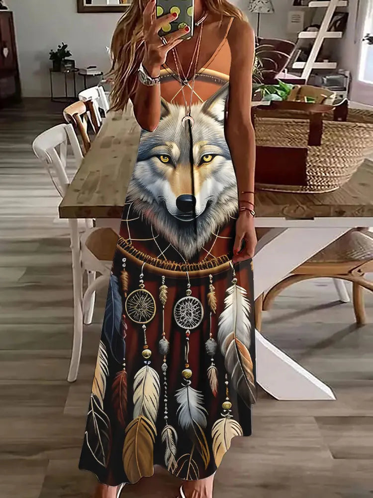 AS | 2024 Nové 3D sovy Vintage Print Sleeveless Vest Long Women Tribal Pattern Spaghetti Strap Dress Summer Long Loose Vest Dresses