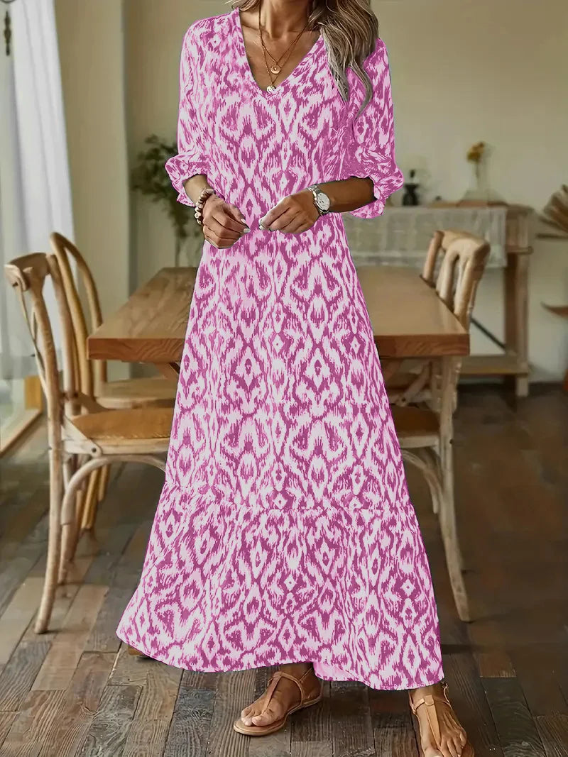 AS | 2024 Evropské a americké přeshraniční AliExpress podzimní a zimní fashionista roztomilé volné V-neck tisk středně rukávy dlouhé šaty