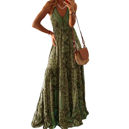 AS | BAMBOOBOY ženy V-Neck strana dlouhé šaty Vintage tištěné bohémské pláže elegantní bez rukávů špagety popruh sexy Maxi Sundress