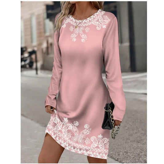 AS | Ženy jarní kolo krku dlouhý rukáv rostlina květina vytištěné šaty Vintage barva gradient příležitostné šaty velké velikosti 3XL Vestidos De Muer