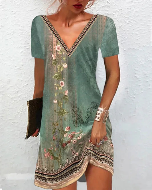 AS | 2024 Dámské letní šaty Boho V-Neck krátký rukáv Vintage tisk květinové šaty ženské příležitostné Holiday Beach volné šaty Vestidos