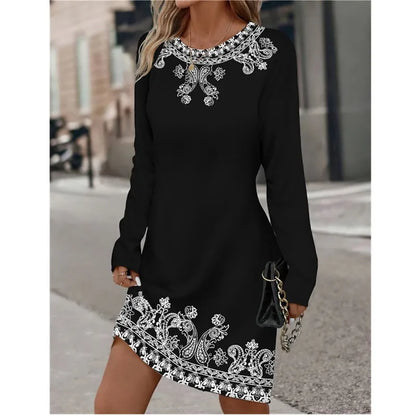 AS | Ženy jarní kolo krku dlouhý rukáv rostlina květina vytištěné šaty Vintage barva gradient příležitostné šaty velké velikosti 3XL Vestidos De Muer