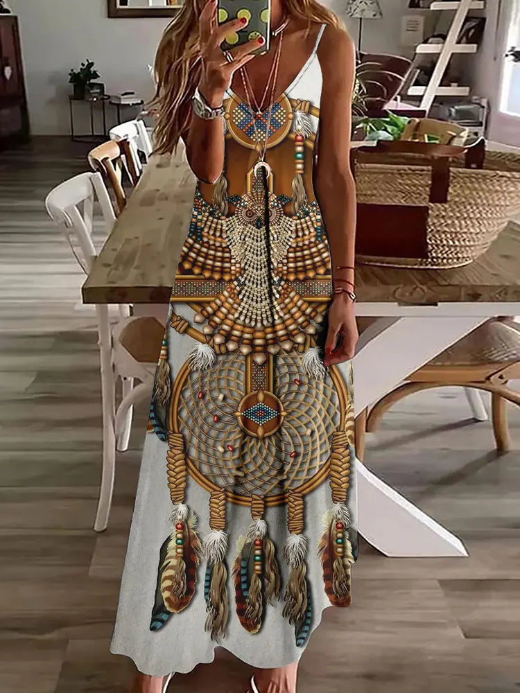 AS | 2024 Nové 3D sovy Vintage Print Sleeveless Vest Long Women Tribal Pattern Spaghetti Strap Dress Summer Long Loose Vest Dresses
