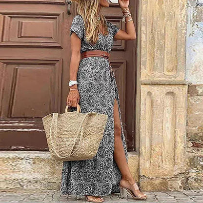 AS | Letní trend V-Neck ženy Retro Vintage tisk Slim s pásem Sexy ležérní elegantní dovolená šaty vysoké štěrbiny nepravidelné Midi šaty