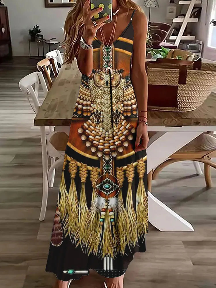 AS | 2024 Nové 3D sovy Vintage Print Sleeveless Vest Long Women Tribal Pattern Spaghetti Strap Dress Summer Long Loose Vest Dresses
