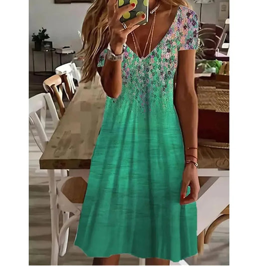 AS | Ženy letní krátký rukáv V-Neck příležitostné šaty 3D Vintage květinové tištěné elegantní koleno-délka šaty S-3XL Lady Vestidos