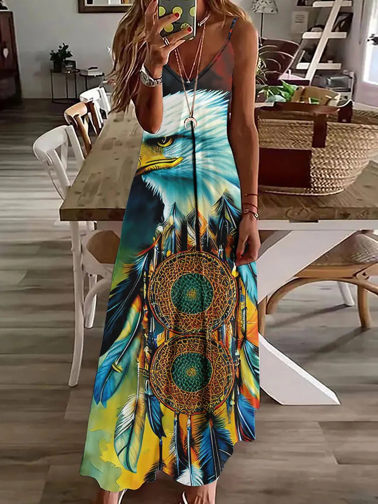AS | 2024 Nové 3D sovy Vintage Print Sleeveless Vest Long Women Tribal Pattern Spaghetti Strap Dress Summer Long Loose Vest Dresses