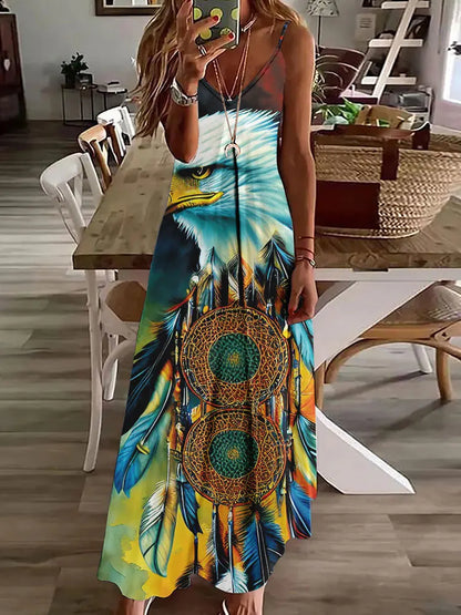 AS | 2024 Nové 3D sovy Vintage Print Sleeveless Vest Long Women Tribal Pattern Spaghetti Strap Dress Summer Long Loose Vest Dresses
