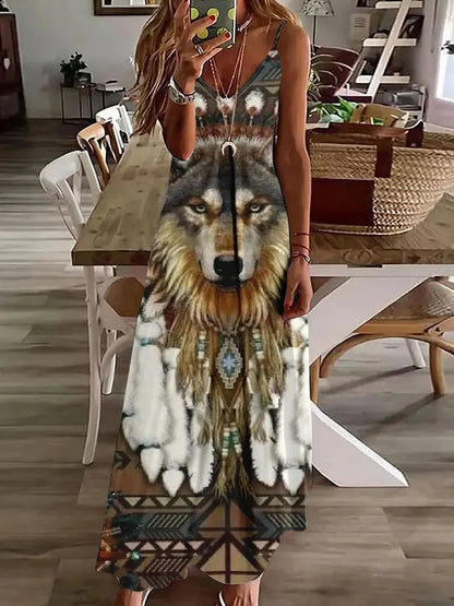 AS | 2024 Nové 3D sovy Vintage Print Sleeveless Vest Long Women Tribal Pattern Spaghetti Strap Dress Summer Long Loose Vest Dresses
