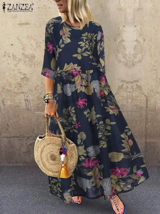 AS | Femme krátký rukáv Sundress ZANZEA Letní ženy květinové tištěné šaty bohémské elegantní ležérní nadměrné Holiday Kaftan šaty
