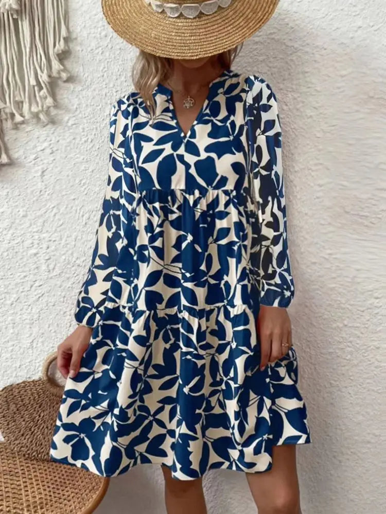 AS | 2024 Dámské letní elegantní skládané šaty s výstřihem do V Boho tisk mini šatů ležérní volné plážové šaty nadměrné velikosti
