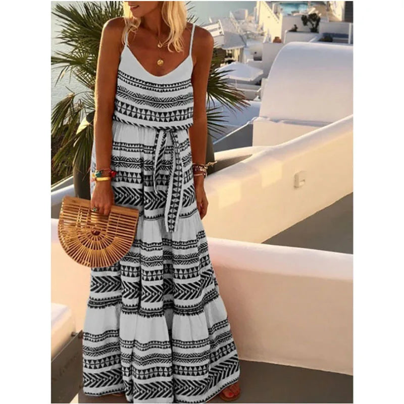 AS | Český styl tisk špagety popruh dlouhé šaty ženy V-neck Leace-up příležitostné plážové šaty Camisole 2024 Letní nové Lady Vestido