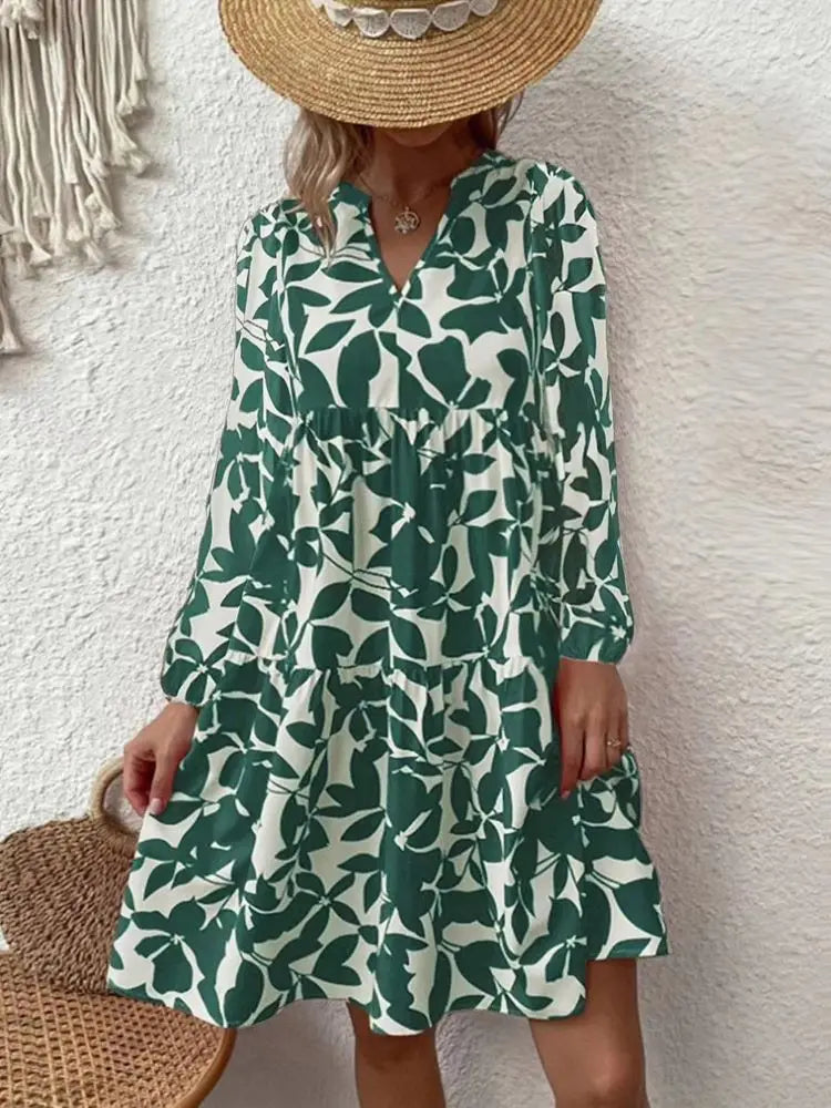 AS | 2024 Dámské letní elegantní skládané šaty s výstřihem do V Boho tisk mini šatů ležérní volné plážové šaty nadměrné velikosti