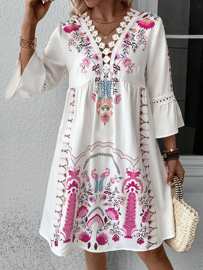 AS | 2025 Dámské šaty Letní dovolená V-Neck dlouhý rukáv květinový tisk Beach Party šaty Sexy Mini oblečení pro ženy Vestidos
