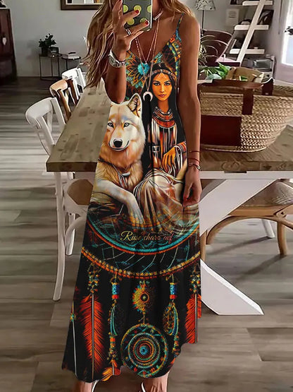 AS | 2024 Nové 3D sovy Vintage Print Sleeveless Vest Long Women Tribal Pattern Spaghetti Strap Dress Summer Long Loose Vest Dresses