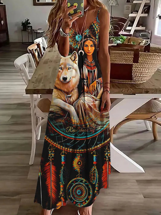 AS | 2024 Nové 3D sovy Vintage Print Sleeveless Vest Long Women Tribal Pattern Spaghetti Strap Dress Summer Long Loose Vest Dresses
