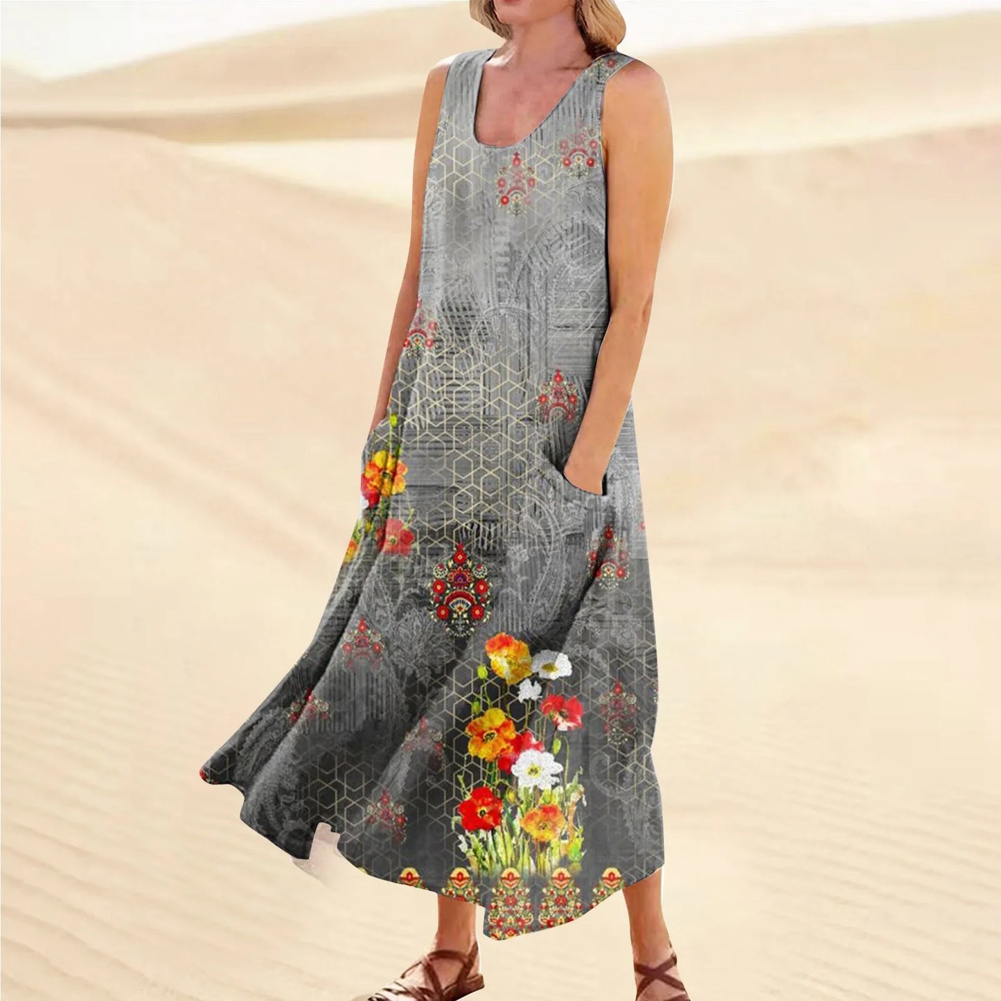 AS | Dámské letní ležérní retro šaty Beach Cover Up s kapsami Plus velikost volné bavlněné lněné tričko šaty Beach dlouhé šaty