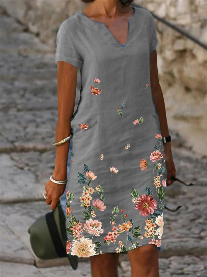 AS | Příležitostné volné tisk Vintage letní ženy tištěné bavlněné krátký rukáv V-Neck sexy Midi šaty elegantní Vestido Feminino S-5xl