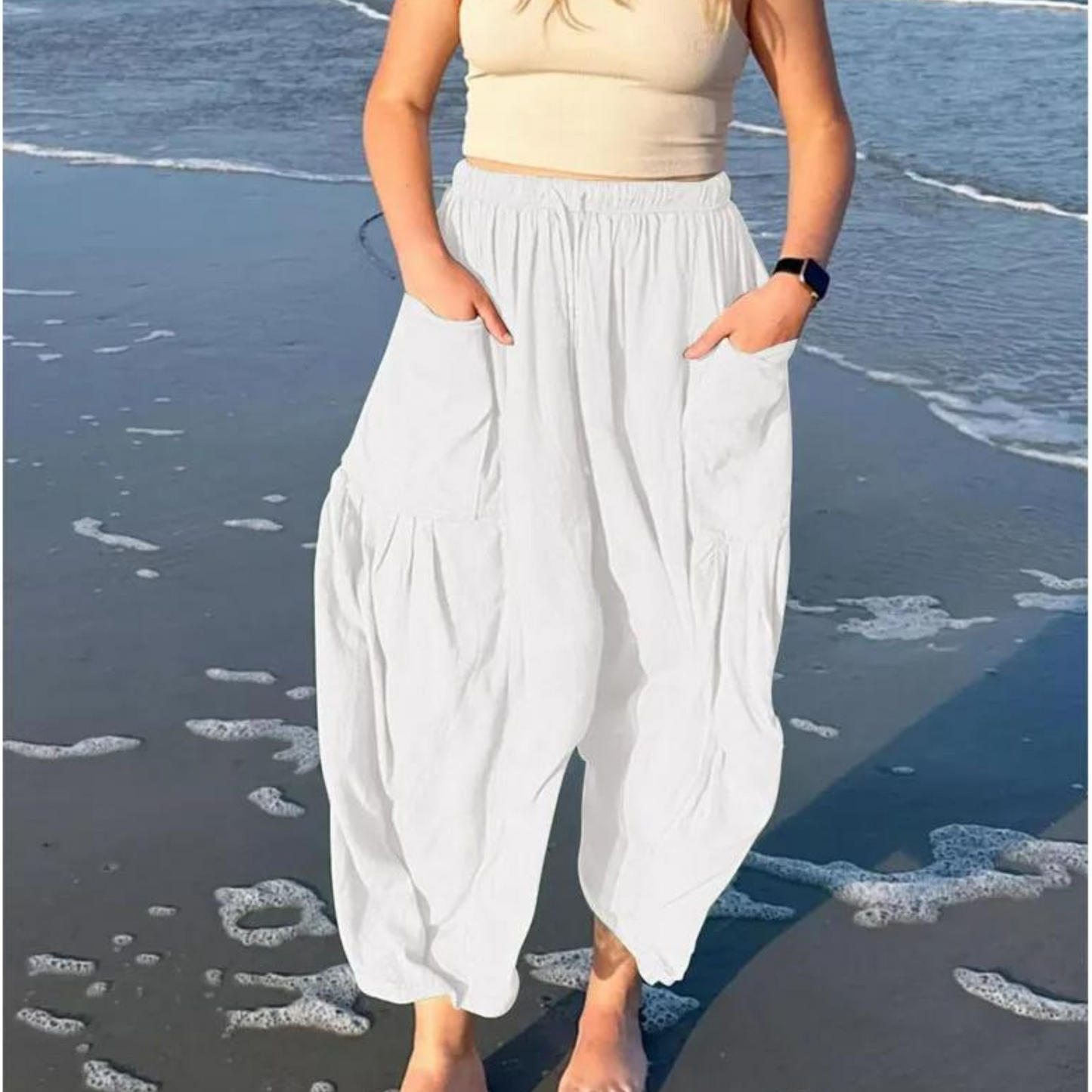 AS | Široké kalhoty z bavlny a lnu s elastickým pasem a kapsami