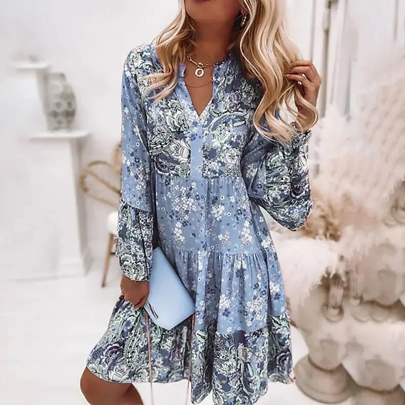 AS | Jaro a léto ženy V-Neck sedm čtvrtletí rukávy květinové ležérní střední délka šaty Ropa Mujer Sexy Vestido Elegante 2024