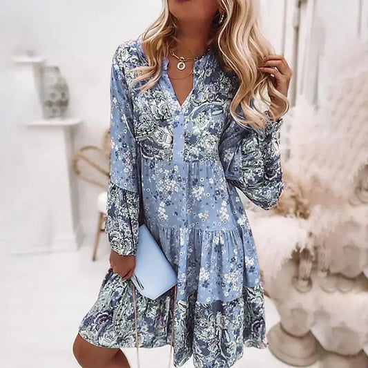 AS | Jaro a léto ženy V-Neck sedm čtvrtletí rukávy květinové ležérní střední délka šaty Ropa Mujer Sexy Vestido Elegante 2024