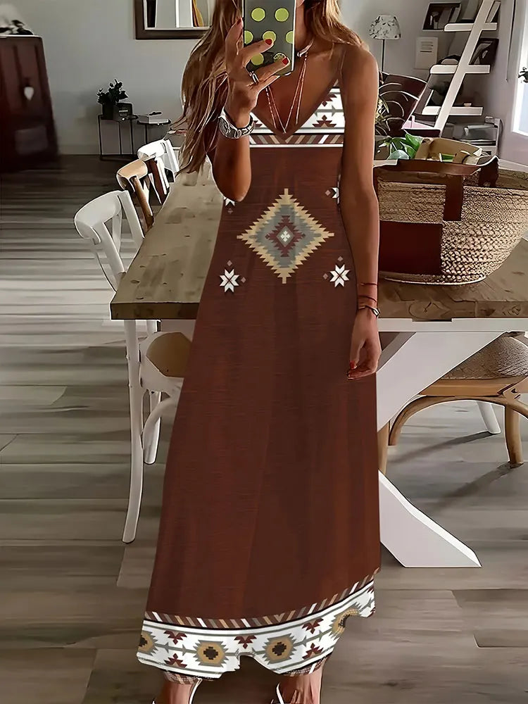 AS | 2024 Nové Vintage etnický tisk Dámy elegantní šaty Letní dámy ležérní šaty bez rukávů Dámská móda Dlouhé šaty ulice