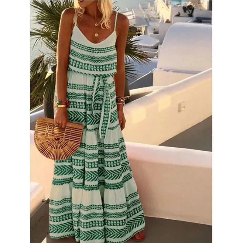 AS | Český styl tisk špagety popruh dlouhé šaty ženy V-neck Leace-up příležitostné plážové šaty Camisole 2024 Letní nové Lady Vestido